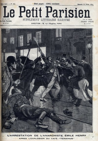 Prisão do anarquista Emile Henry (1872-1894) após a explosão do café "Terminus" em Paris. Gravação em "Le Parisien". de Unknown artist