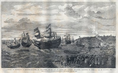 Chegada de Frederique V do Palatinado (1596-1632) ao porto de Gravesend para casar com a Princesa Isabel da Inglaterra (1596-1662), filha do Rei James I (1566-1625) em 16 de outubro de 1612. Ele foi recebido por James Hay (1º Conde de Carlisle) (cerca de 1 de Unknown artist