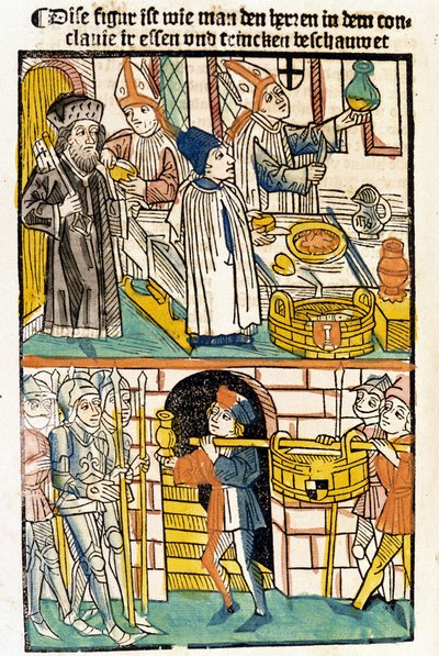 Chegada dos alimentos para que os membros do Conselho de Constança (1417), durante o qual o Papa Martin V foi eleito, pudessem comer. "Das Concilium". de Unknown artist