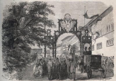 Chegada da Impressora Elisabeth of Austria (Sissi) (Elisabeth of Austria) a Bad Kissingen (Spa) em 1865 - gravura em "The Illustrous World" de 1865 de Unknown artist