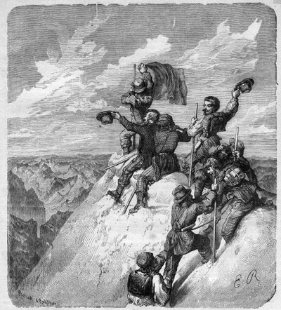 Ascensão dos Illimani (6.439 m) (Nevado Illimani, pico de Paris) por Charles Wiener (1851-1913) Explorador e diplomata francês e seus companheiros - gravação em "journal des voyages" 1887 de Unknown artist