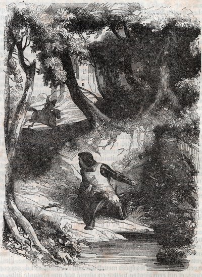 Astolphe na beira de uma fonte - gravura de 1851 de "Furious Roland" (Orlando furioso) (século XVI) de Ludovico Ariosto, conhecido como Ariosta - Edição traduzida do italiano pelo Conde de Tressan e publicada por Gustave Harvard 1851 de Unknown artist