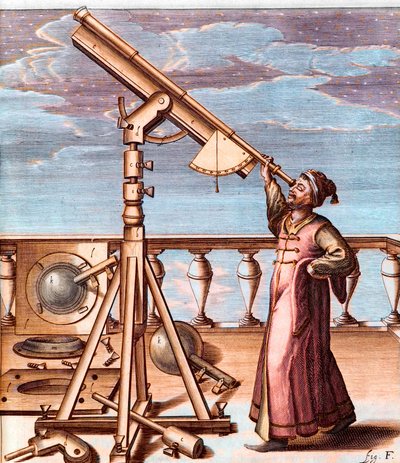 Astrônomo observando o céu com um telescópio - de: Johannes Hevelius (1611-1687), Selenographia, sive Lunae descriptio (Selenografia, ou A Description of The Moon) de Unknown artist