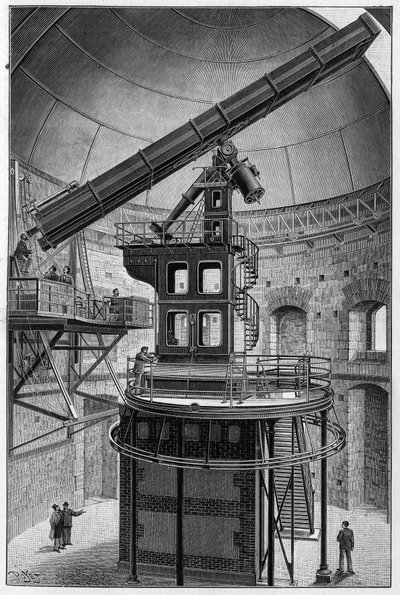 Óculos astronómicos do Sr. Janssen, Membro do Instituto, Director do Observatório de Astronomia Física em Meudon. Gravura em "La Nature: Revue des sciences et de leurs applications aux arts et a l