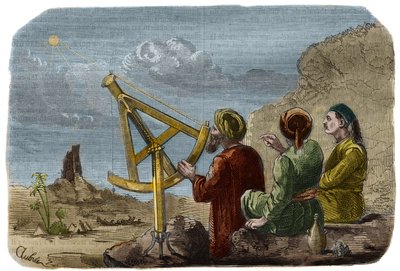 Astronomia: Cientistas árabes elevando a altura do Sol na planície da Babilónia por volta de 825. Eles usam um quarto de círculo com pínulas. Gravura de 1857 em "Le Musee Des Sciences". de Unknown artist