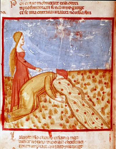 Na entrada do Paraíso, Dante encontra Mathelda, e bebe água do rio Eunoe, o que faz a memória das coisas boas realizadas. Página iluminada ilustrando uma canção do Paraíso da "Divina Commedia" de Dante Alighieri (1265-1321). 14º c de Unknown artist