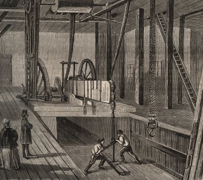 Atelier de perfuração do poço artesiano de Passy. Gravura de 1856 em "Le Musee Des Sciences". de Unknown artist