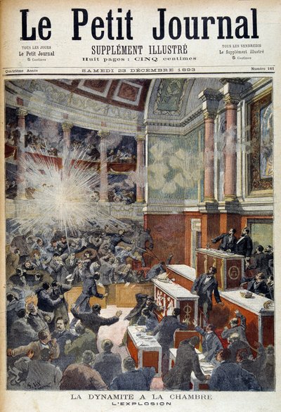 Ataque na Câmara dos Deputados. Explosão causada por uma bomba colocada pelo anarquista Auguste Vaillant (1861-1894). in "Le Petite journal", 23/12/1893 de Unknown artist