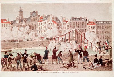 Ataque da Câmara Municipal de Paris e a batalha da ponte de Arcola, 28 de Julho de 1830 (Gravura) de Unknown artist