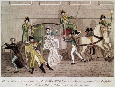 Ataque ao Duque de Berry por Louis Pierre Louvel ao deixar a Ópera em 13 de fevereiro de 1820. Gravura do século XIX. de Unknown artist