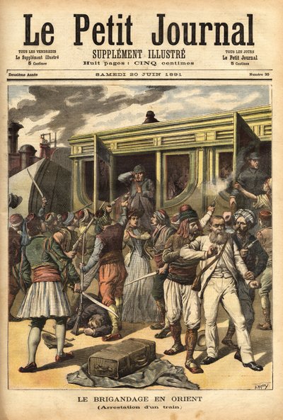 Atacando um comboio por assaltantes nas proximidades de Cherkessklui, após organizar o descarrilamento do comboio, Athanos e os seus assaltantes capturam os passageiros para os trocar por um rancor. Gravação no "Le petit journal" 20/06/1891. A colecção da  de Unknown artist