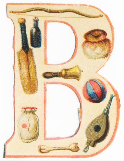 B: arco, bastão de beisebol, garrafa, brioche, sino, balão, osso, bolsa, fole (litografia colorida) de Unknown artist