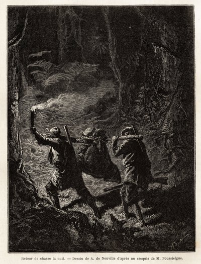 De volta da caça à noite, a presa, um urso, é amarrada e suspensa de um ramo que os caçadores carregam no ombro. Gravura para ilustrar a história Quatre mois en Florida, de M. Pousselgue, em 1851-1852, publicada em "le tour du monde", sob de Unknown artist