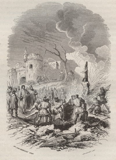 Baldwin V, Conde de Flanders (1012-1067) restabelecendo a polícia em seus estados - Gravura 1868 em "História da Bélgica desde os tempos primitivos até o fim do regimento de Leopoldo I" por Theodore Juste (1818-1888) - Coleção privada de Unknown artist