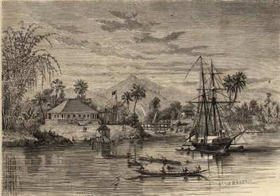 Bangalow, casa de Sir James Brooke, conhecido como o Rajá de Sarawak (1803-1868), primeiro rajá branco de Sarawak, nos arredores de Sarawak (Bornéu). Gravura em "Le Monde illustrious" de 1857. Coleção privada. de Unknown artist