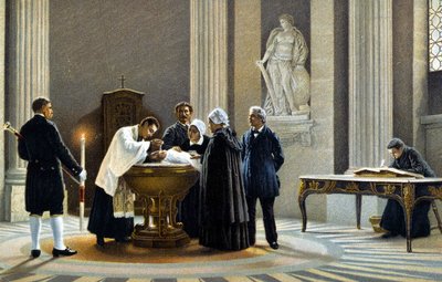 Batismo de um bebê em uma igreja. Cromolitografia do século XIX. de Unknown artist