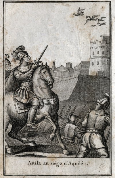 Invasões bárbaras - Attila (ca. 406-453), rei dos hunos, durante o cerco de Aquilee (Aquileia) na Itália, 452. Gravura em "Beaute de l