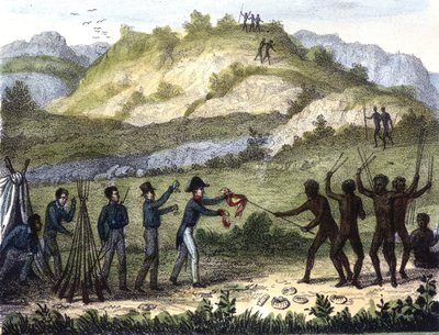 Cena de troca entre os nativos e os ocidentais depois do "Razze e popoli della Terra", no início do século XIX. de Unknown artist