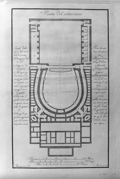 Plano do subsolo do Teatro de la Scala em Milão ca. 1776-1778 Itália (Teatro alla scala) (Mapa arquitectónico do subsolo do Teatro de la Scala, Milão) Gravura de Unknown artist