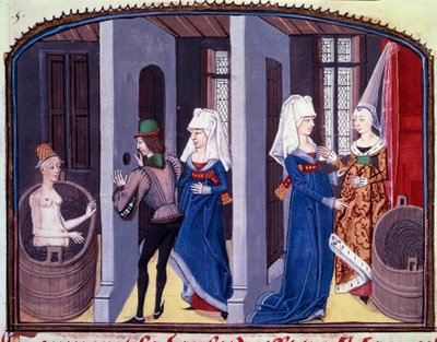 Cena do banho. Um voyeur espiando através de um buraco na parede, uma mulher nua tem seu banheiro. Os personagens são o Conde Lisiard de Forez, a jovem Euriant (Euriant, Euriante) que faz o seu banheiro. Lisiard descobre a mancha em forma de violeta no pei de Unknown artist