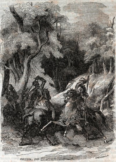 Batalha entre Roland e Ferragus - Gravura de 1851 de "Furious Roland" (Orlando furioso) (século XVI) de Ludovico Ariosto, conhecido como Ariosta - Edição traduzida do italiano pelo Conde de Tressan e publicada por Gustave Harvard 1851 de Unknown artist