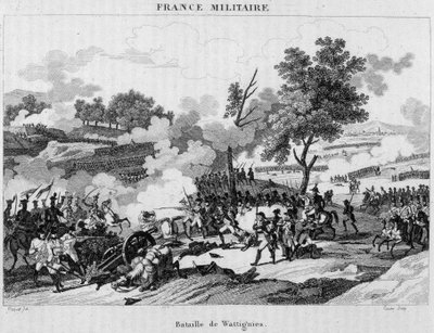 Batalha de Wattignies: Jourdan e Carnot ganharam a vitória para desbloquear a cidade de Maubeuge sitiada pelos austríacos, em Outubro de 1793. Gravura do século XIX. de Unknown artist