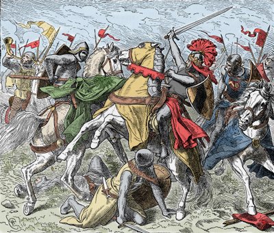 Batalha no Elster: Rudolf da Suábia Mortally Wounded - Revolta dos Saxões (1073-1075): Rodolfo de Rheinfelden (ca. 1025-1080), Duque da Suábia e anti-romanos é ferido fatalmente numa batalha perto do Elster, contra as tropas de Henrique IV de de Unknown artist