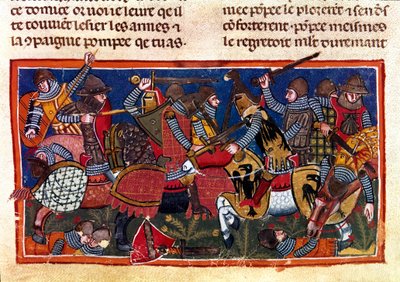 Cena de batalha Miniatura de um códice francês em pergaminho "Facts of the Romans" contando a história antiga até Jules Cesar (101 AC-44 AC). Século XIII Veneza, biblioteca Marciana de Unknown artist