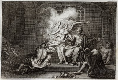 Bíblia de Royaumont, Novo Testamento: São Pedro Delivre de prisão. São Pedro é libertado da prisão durante a noite por um Anjo. Ilustração de 1811. de Unknown artist