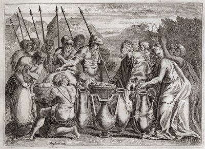 Bíblia de Royaumont, Velho Testamento: Abraham delivre Loth. Abraão salva Loth, seu sobrinho, das mãos dos inimigos. O sumo sacerdote Melquisedec (Melchisedec ou Melchizedec ou Melkisedeq ou Melki-Tsedeq ou Melki Tsedeq) benit. O rei de Sodoma ofereceu-lhe de Unknown artist
