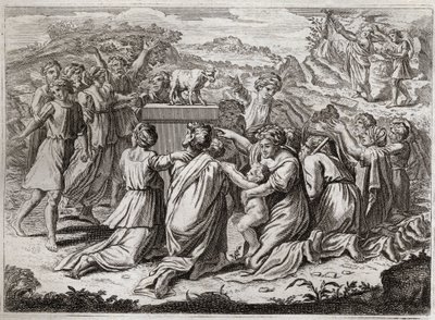 Bíblia de Royaumont, Velho Testamento: Adoração do Bezerro de Ouro. Moisés, vendo os hebreus e o bezerro de ouro, quebra as Távolas da Lei. Ilustração de 1811. de Unknown artist