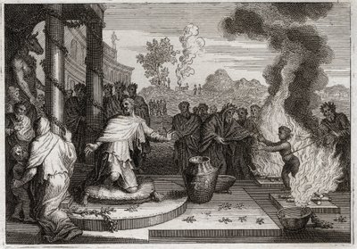 Bíblia de Royaumont, Velho Testamento: Ahaz Unholy King. O perverso Acaz, Rei de Judá, irrita a Deus, e é entregue aos inimigos. Ilustração de 1811. de Unknown artist