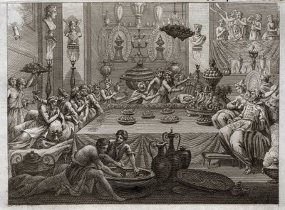 Bíblia de Royaumont, Velho Testamento: Balthazar condena. O rei Baltazar (Belshatsar) na mesa vê uma mão que em três palavras escreve o final de sua sentença. Ilustração de 1811. de Unknown artist