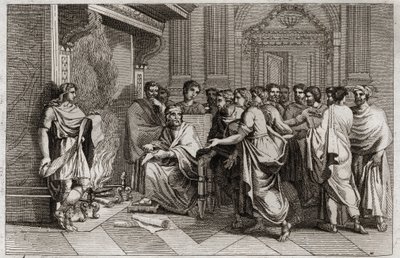 Bíblia de Royaumont, Velho Testamento: O profeta Baruch. O rei Joaquim (Joacim, Joaquim, Jeconomias) corta o pergaminho contendo as profecias de Jeremias transcritas por seu discípulo Baruque (Baruque ben Néria) e o joga no fogo. Ilustração de 1811. de Unknown artist