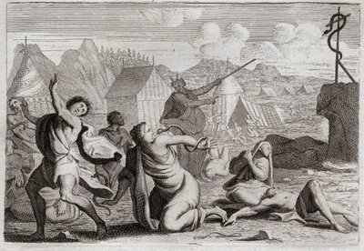 Bíblia de Royaumont, Velho Testamento: Brasen Snake. O povo murmura contra Deus e contra Moisés, é punido com serpentes de fogo, das quais foi ferido por uma serpente de descaramento, que Moisés havia criado para ser vista por todo o povo. Ilustração de Unknown artist