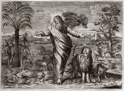 Bíblia de Royaumont, Velho Testamento: A Criação do Mundo. Deus arrasta o Céu e a Terra do nada, e em seis dias adorna-a e ao povo de Criaturas de todo tipo. Ilustração de 1811. de Unknown artist