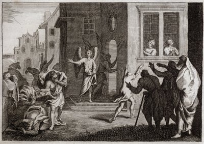 Bíblia de Royaumont, Velho Testamento: Crimes dos Sodomitas. Loth recebe anjos em sua casa. Os sodomitas (Sodoma) querem violentá-los. Os anjos os atingem cegamente. Ilustração de 1811. de Unknown artist