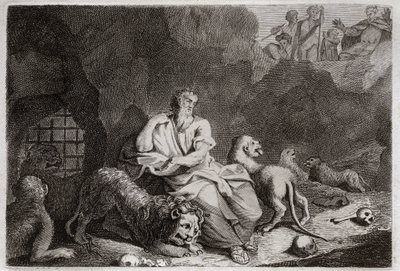 Bíblia de Royaumont, Velho Testamento: Daniel no poço dos Leões. Daniel é colocado no poço dos Leões, e milagrosamente está bêbado. Ilustração de 1811. de Unknown artist