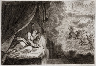Bíblia de Royaumont, Velho Testamento: A visão de Daniel sobre as quatro Monarquias de Assírios, Persas, Gregos e Romanos. Eles vêem quatro monstros: Haniel, Kafziel, Azriel, Aniel. Ilustração de 1811. de Unknown artist