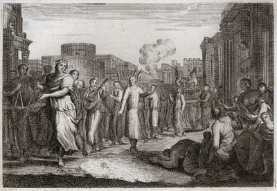 Bíblia de Royaumont, Velho Testamento: David dança perante a Arca da Aliança. Tendo Davi resolvido uma segunda vez trazer a Arca para sua casa, tem ela carregada e acompanhada por Levitas, para evitar um acidente semelhante ao de Oza. Ele está dançando na  de Unknown artist