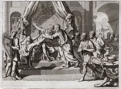 Bíblia de Royaumont, Velho Testamento: David toca harpa. Saul sendo rejeitado por Deus, é tomado pelo espírito maligno. Estamos à procura de um homem que saiba tocar harpa, para aliviá-lo no seu mal. Ilustração de 1811. de Unknown artist