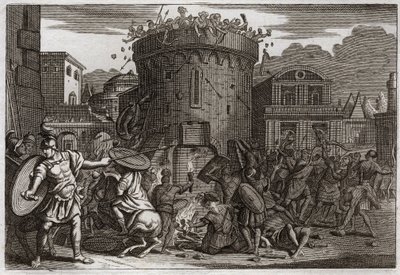Bíblia de Royaumont, Velho Testamento: Morte de Abimeleque. Abimeleque (Abimelec ou Aimeleque ou Aimeleque) é morto por uma mulher que o bate com uma pedra no cerco de Tebetz. Ilustração de 1811. de Unknown artist