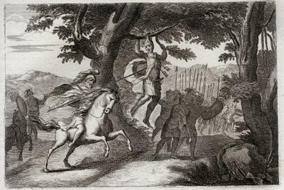 Bíblia de Royaumont, Velho Testamento: Morte de Absalom. Absalom (ou Avshalom, Absalom) fugindo da batalha é apanhado pelos cabelos tem um carvalho, ou Joab perfura-lhe o coração de três dardos. Ilustração de 1811. de Unknown artist