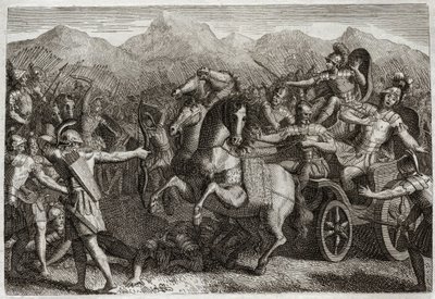 Bíblia de Royaumont, Velho Testamento: Morte de Ahab. Ahab (Akhab) fez guerra contra a Síria, e foi morto com uma flecha aleatória. Ilustração de 1811. de Unknown artist