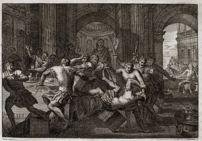 Bíblia de Royaumont, Velho Testamento: Morte de Amnon. Absalão (ou Avshalom, Absalão) sendo reconciliado com Davi faz seu irmão Amnon (Ammon) fugir para uma festa. Davi é forçado a fugir de Jerusalém, e sofre esta perseguição com uma paciência maravilhosa. de Unknown artist