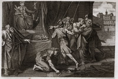 Bíblia de Royaumont, Velho Testamento: Morte de Eleazar. O velho santo Eleazar foi morto por ordem de Antiochos IV Epifânio (175-164 a.C.), porque ele não queria fingir comer carnes defendidas. Ilustração de 1811. de Unknown artist