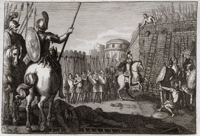 Bíblia de Royaumont, Velho Testamento: Morte de Seba. E Seba (Sabá) se levantou contra Davi, e levou as dez tribos atrás dele, e Joabe foi perseguido em Abela, ou sua cabeça foi cortada pelo conselho de uma mulher. Ilustração de 1811. de Unknown artist