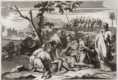 Bíblia de Royaumont, Velho Testamento: Morte do perverso Antioquia. A terrível morte do rei Antíoco IV Epifânio (175-164 a.C.) após a queda de um cavalo. Ilustração de 1811. de Unknown artist