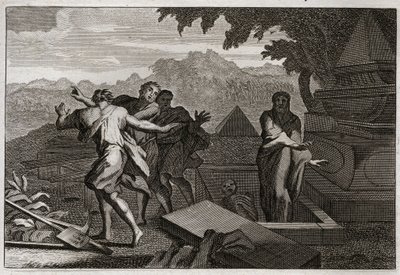 Bíblia de Royaumont, Velho Testamento: A morte sobe. Um homem morto foi deixado cair por acaso no túmulo de Eliseu, e ressuscitou ao tocar seus ossos. Ilustração de 1811. de Unknown artist
