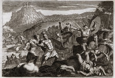 Bíblia de Royaumont, Velho Testamento: Derrota de Amalec (Amalek). Moisés obteve a vitória sobre os amalequitas, segurando as mãos altas no céu. Ilustração de 1811. de Unknown artist